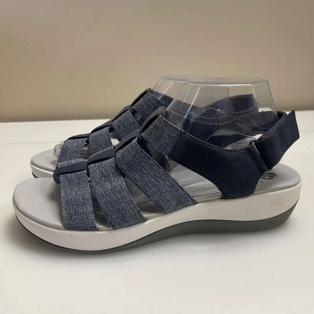 Clarks Sandals Womens 10W Navy Arla Shaylie Cloudsteppers Comfort Strappy Shoe